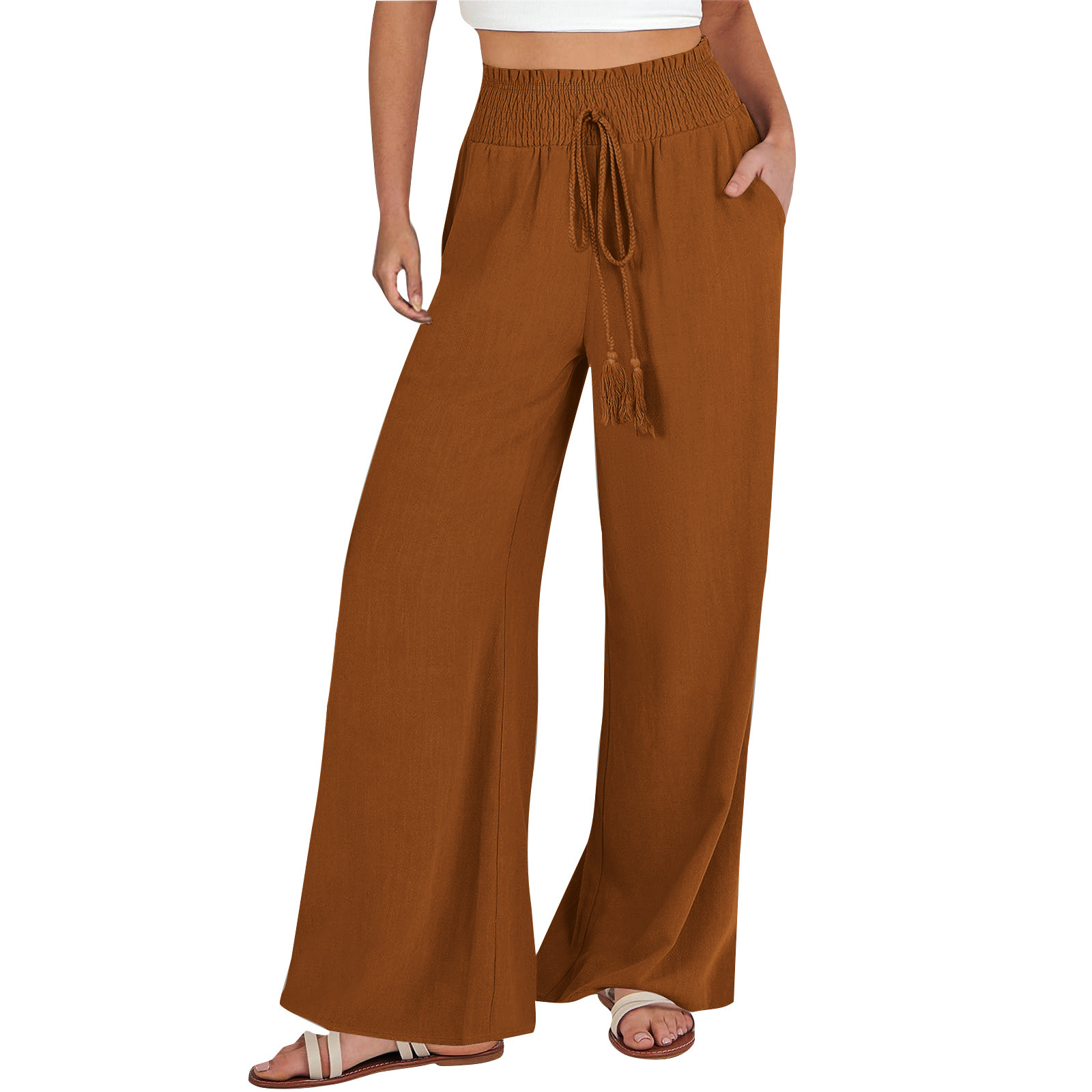 Pantalones palazzo anchos para mujer - Cintura elástica con cordón, poliéster ligero, ropa informal de playa, para todas las estaciones, tallas S-XXXL, cintura 60-114 cm, corte holgado